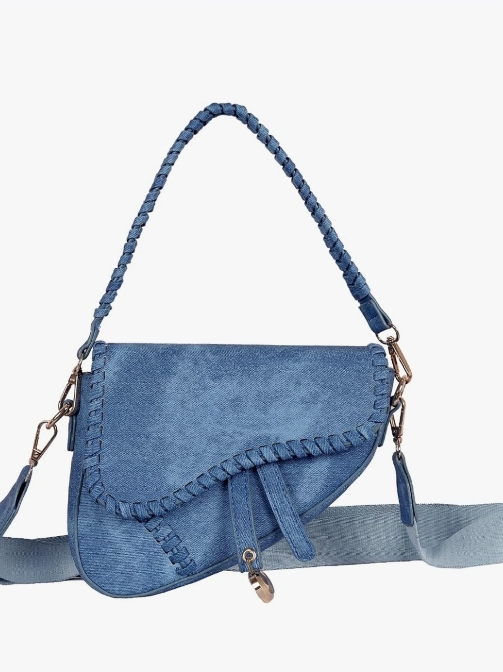 Braided-Trim Denim Blue Shoulder Bag with Detachable Strap
